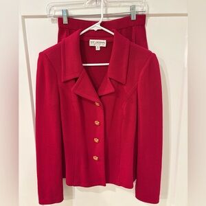 St. John Collection Vibrant Red Knitwear- skirt and blazer set.